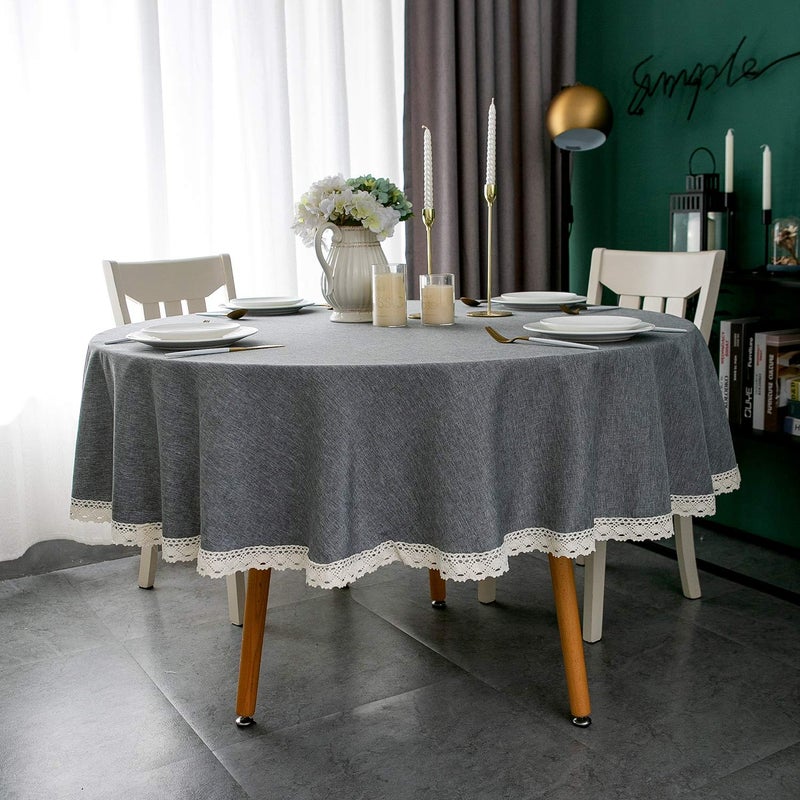 EHouseHome Faux Linen Tablecloth with Lace Trim - Waterproof/Spill Proof/Stain Resistant/Wrinkle Free/Oil Proof - for Banquet, Parties, Dinner,Kitchen,Wedding,Coffee,Holiday,Grey Round 70Inch - Image 2